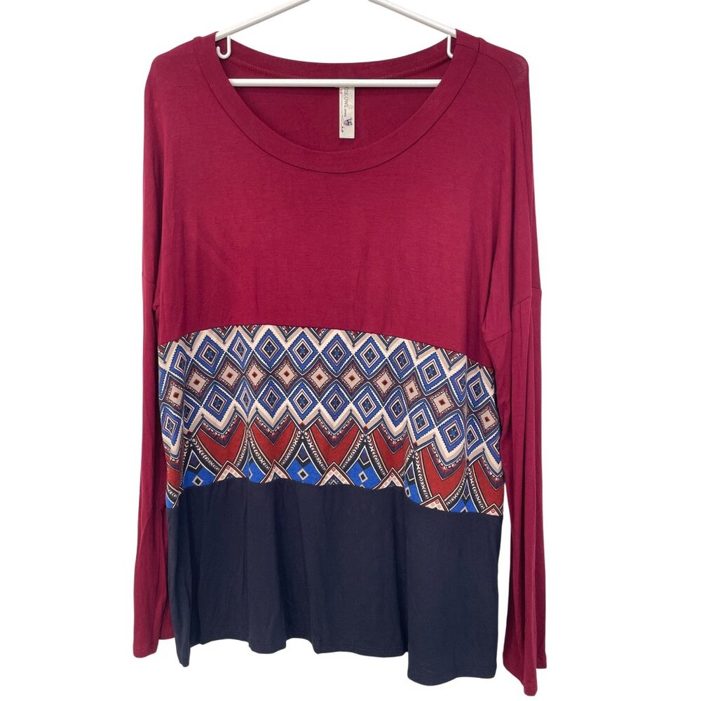 Pink Owl Pullover Long Sleeve Top Size Medium Scoop Neck Relaxed Fit Red Navy